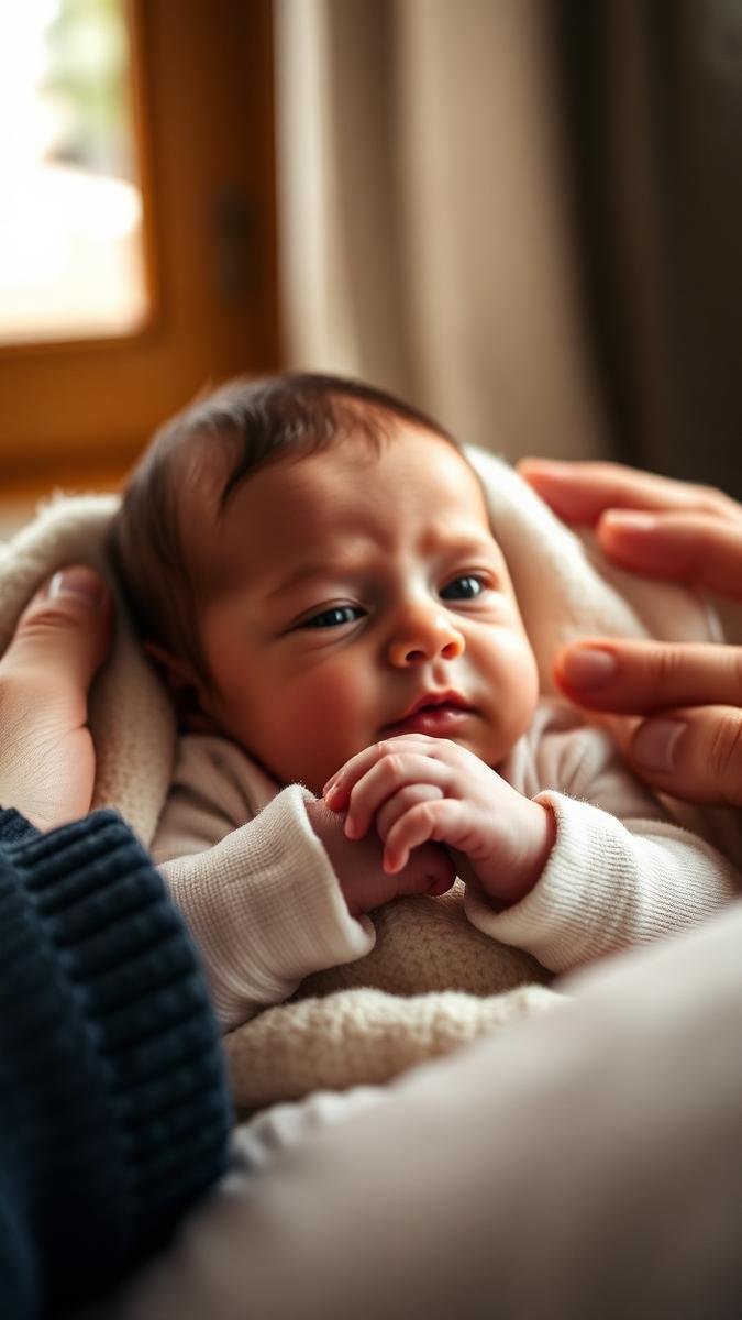 1-month-old baby milestones: an alert newborn on a soft blanket with tiny curled hands