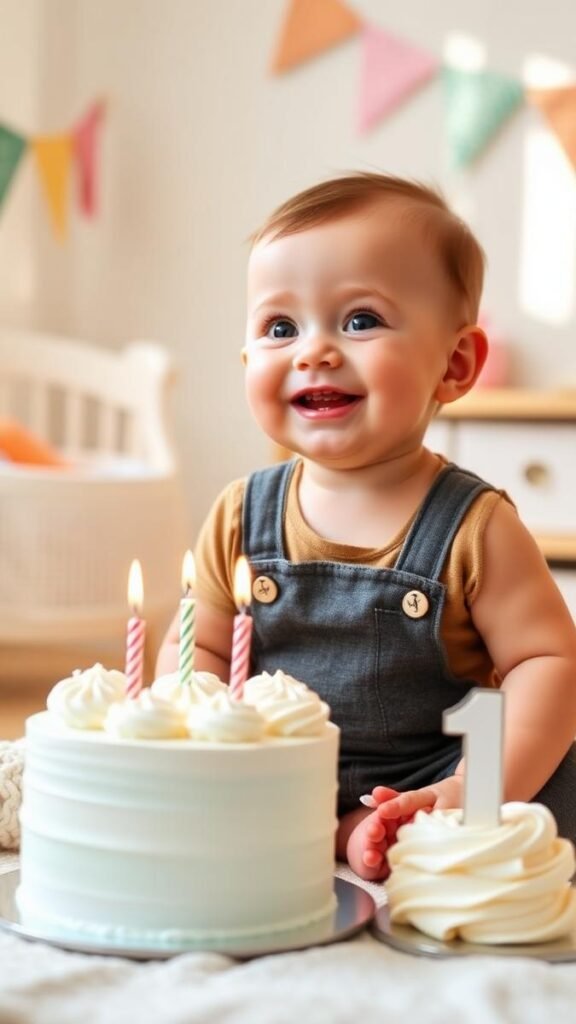 Happy one-year-old baby smiling near a first birthday cake