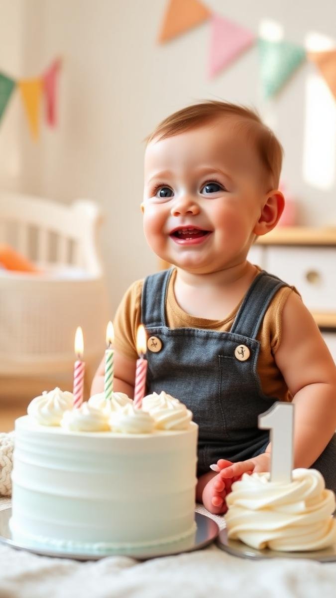 Happy one-year-old baby smiling near a first birthday cake