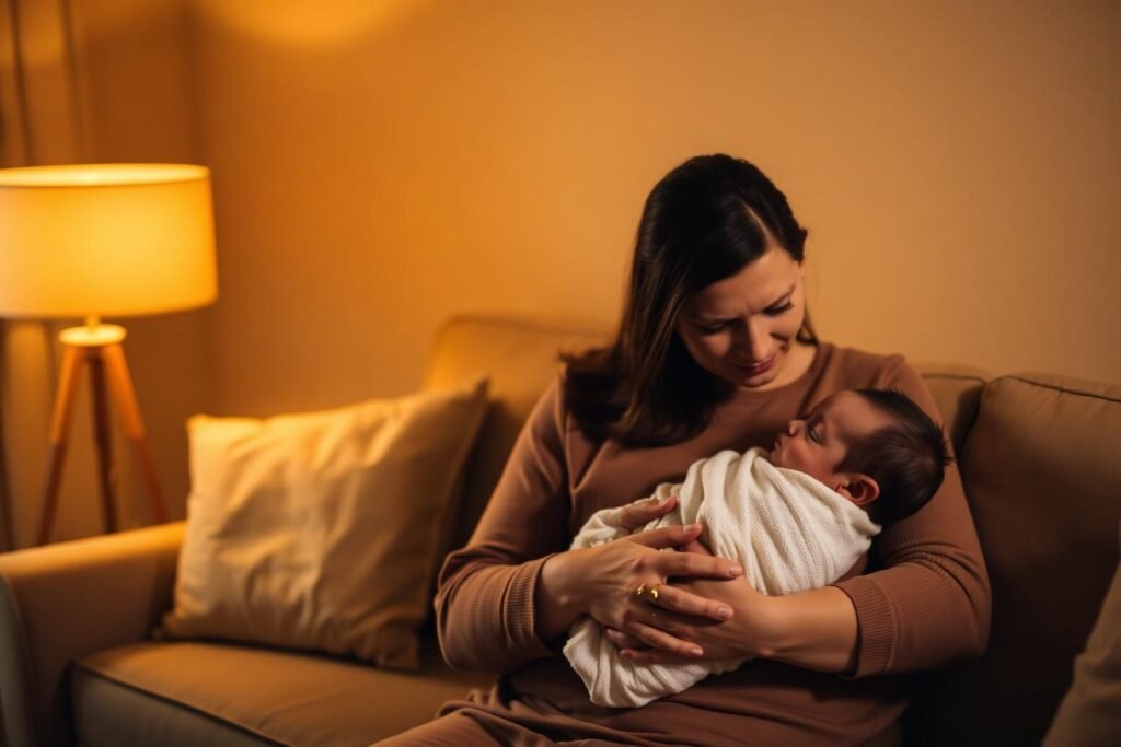 Parent gently soothing a swaddled newborn during the evening witching hour in a warmly lit living room