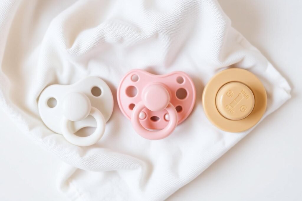 Three pediatrician-recommended pacifiers on soft cream muslin — Soothie-style, orthodontic, and natural rubber