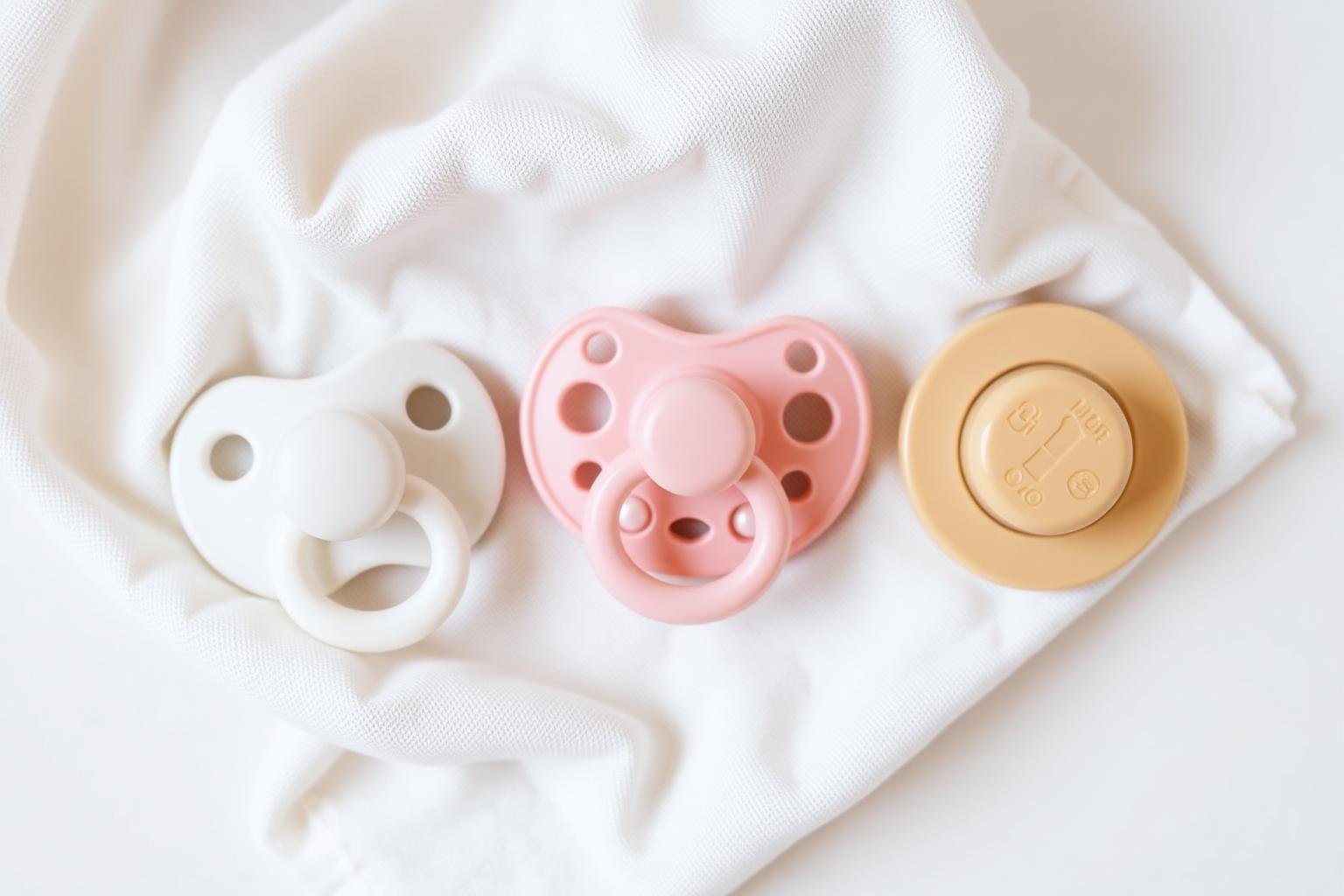 Three pediatrician-recommended pacifiers on soft cream muslin — Soothie-style, orthodontic, and natural rubber
