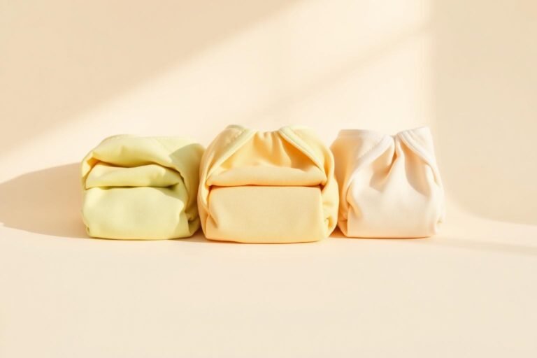 Soft pastel folded cloth diapers on a cream background representing the newborn stool color spectrum