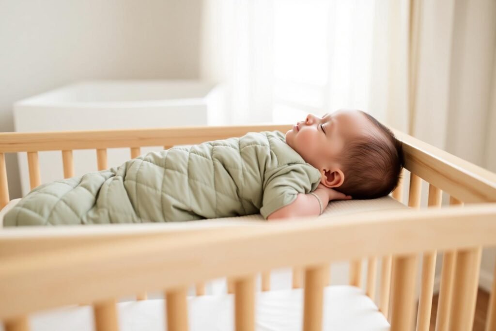 Baby sleeping safely on back in a bare wooden crib wearing a quilted sage-green sleep sack