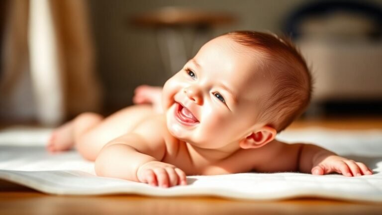 3 to 6 month milestones: a baby during tummy time lifting their head and smiling