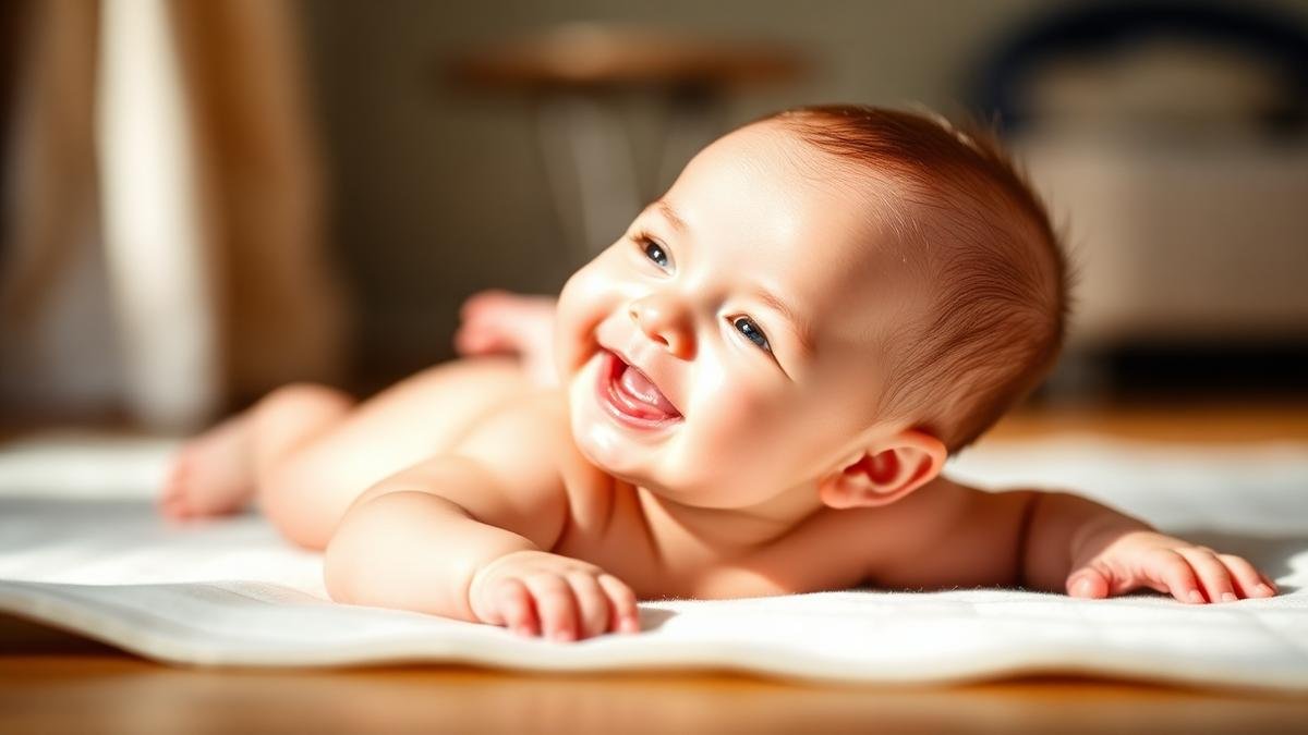 3 to 6 month milestones: a baby during tummy time lifting their head and smiling