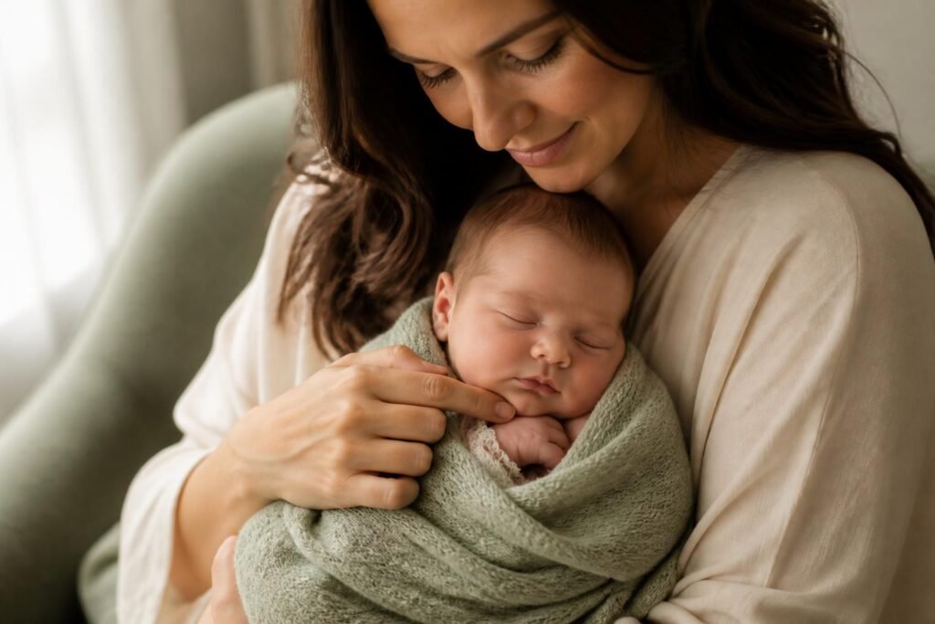 Mother gently supporting a newborn's chin during crying to soothe benign jitteriness