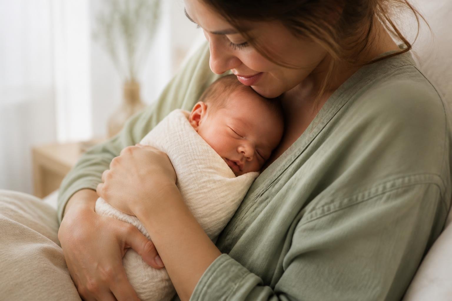 Swaddled newborn held skin-to-skin to calm chin trembling