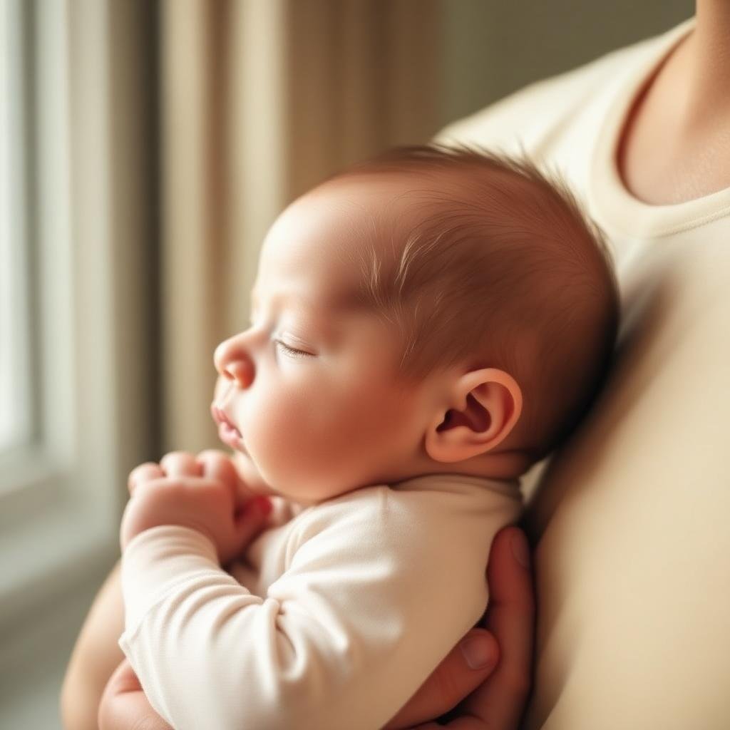 Newborn held upright showing the top of the head where the anterior fontanelle sits