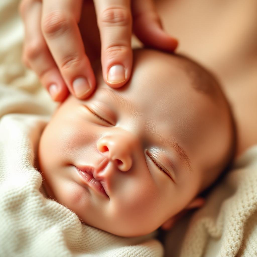 Parent gently resting fingertips on baby's head to check the fontanelle