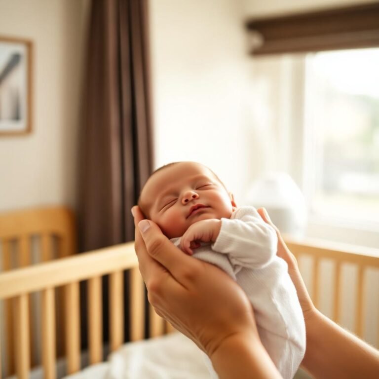 Parent holding newborn upright in nursery with cool-mist humidifier — safe response to newborn nose bleed from dry air