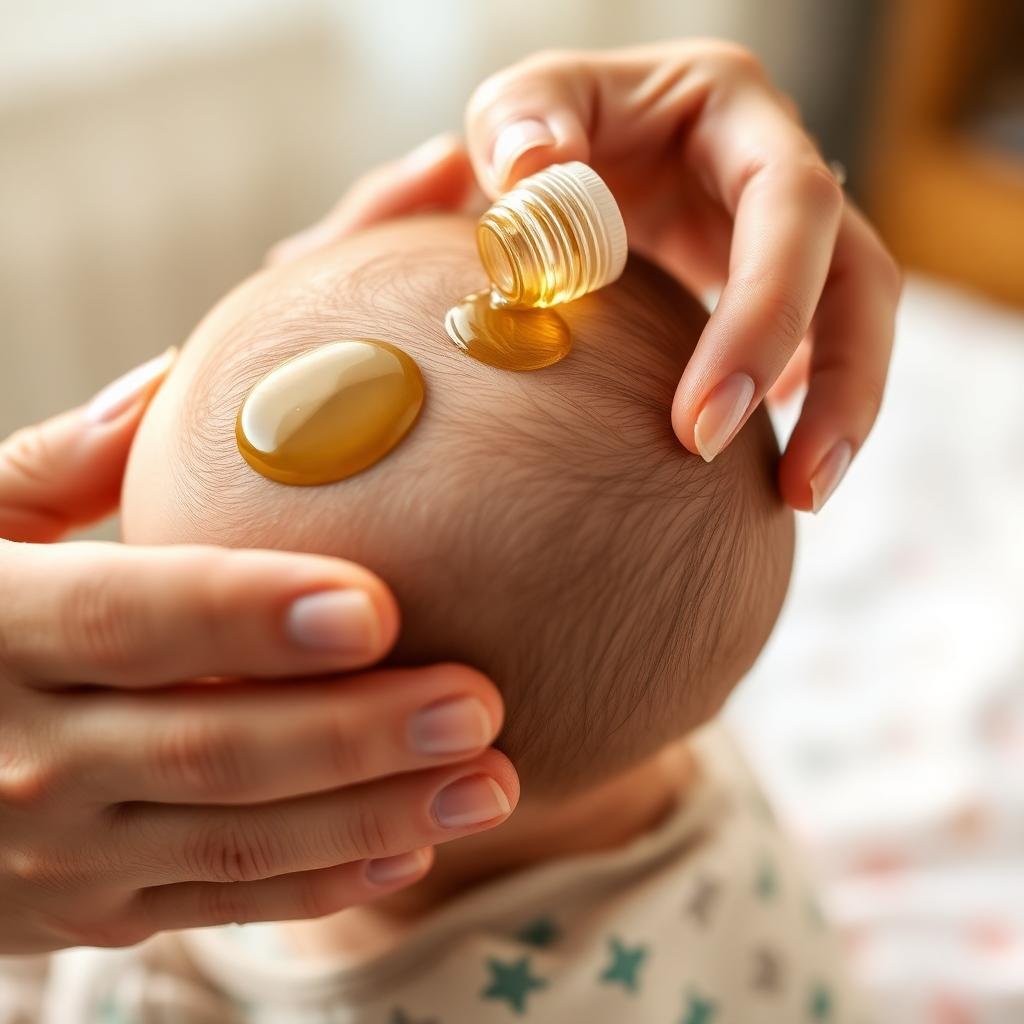Applying mineral oil to soften cradle cap scales on newborn scalp