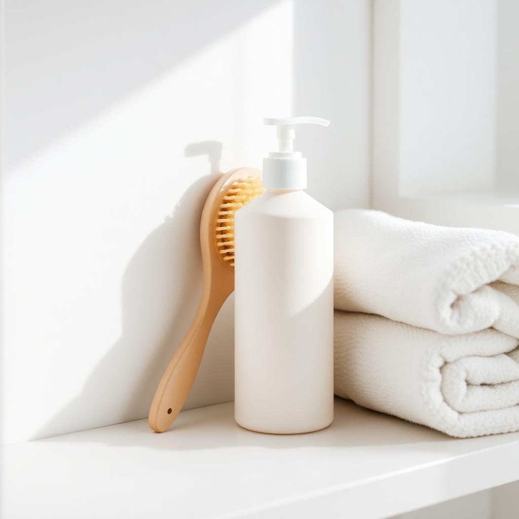 Fragrance-free baby shampoo and soft-bristled baby brush on nursery shelf