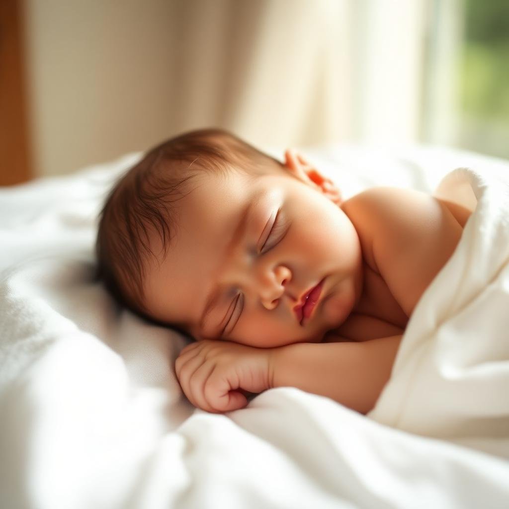 Peaceful sleeping newborn on soft white bedding