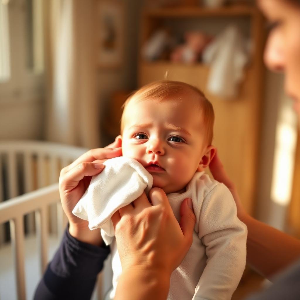 Parent patting baby's face dry with a soft muslin cloth