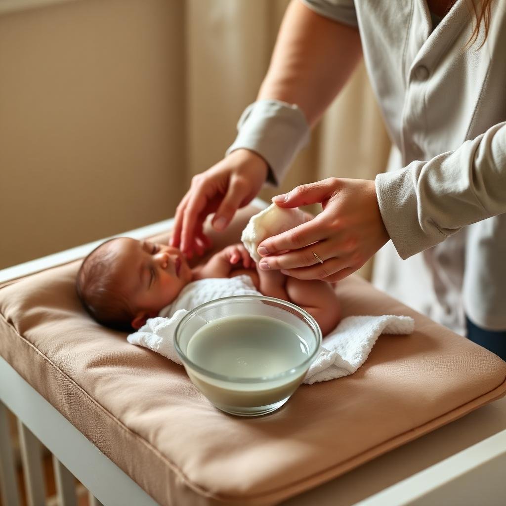 Parent giving newborn a sponge bath with warm water and washcloth