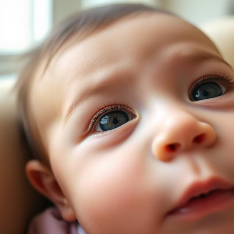 Alert 2-month-old baby with wide open eyes