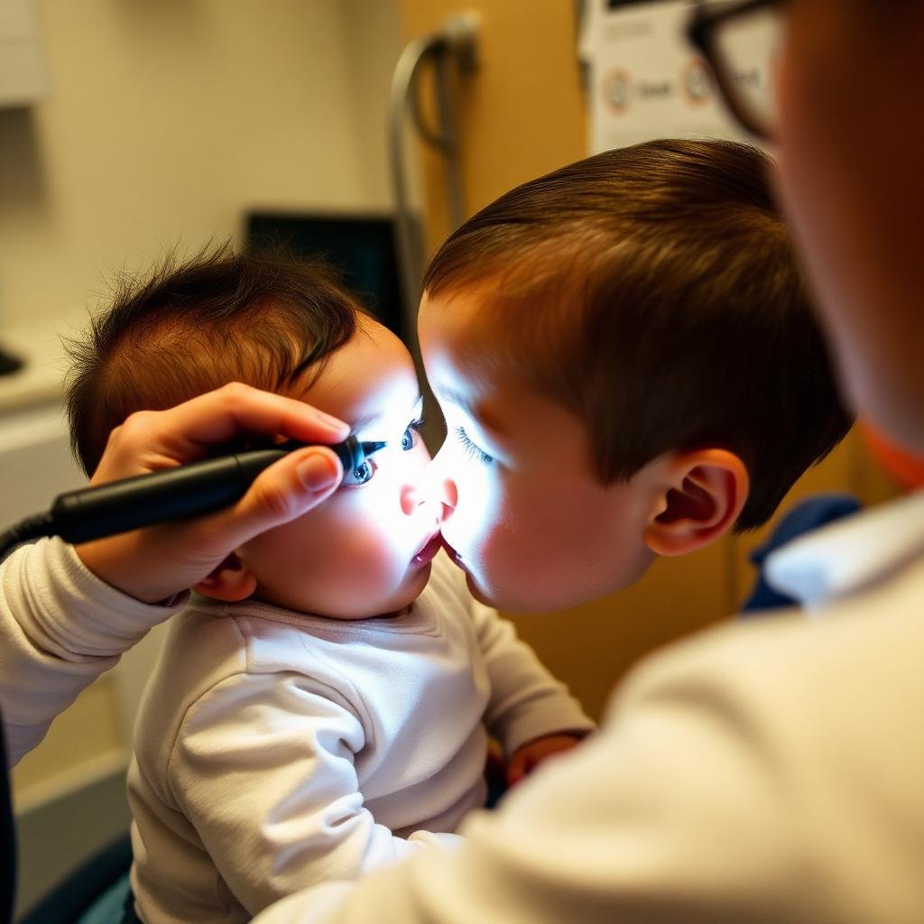 Pediatrician performing corneal light reflex exam on baby with penlight
