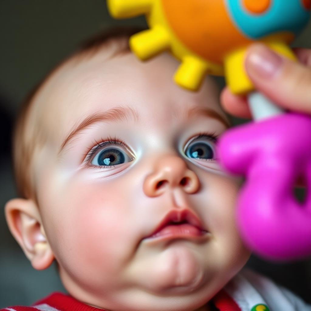 Two-month-old baby tracking a colorful toy with alert eyes