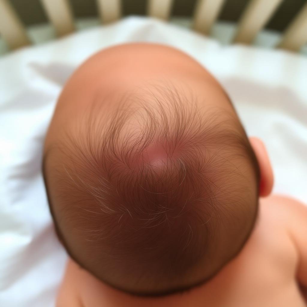 Overhead view of newborn head with small friction bald patch on soft crib sheet