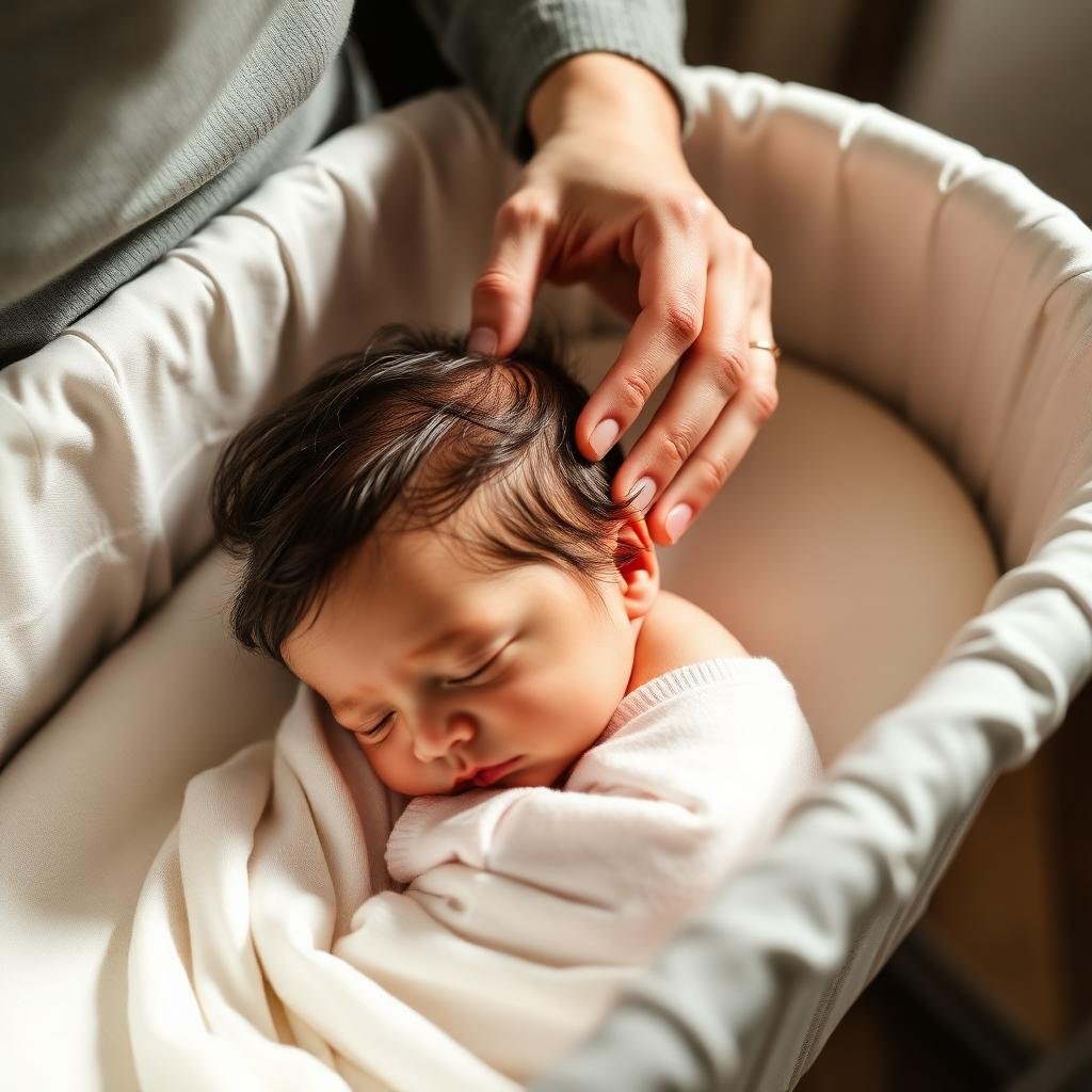Parent gently stroking sleeping newborn's hair in bassinet