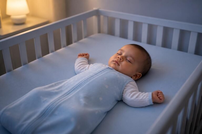 Peaceful sleeping baby in a bare crib wearing a light blue sleep sack, softly lit nursery — safe sleep during the 4-month sleep regression