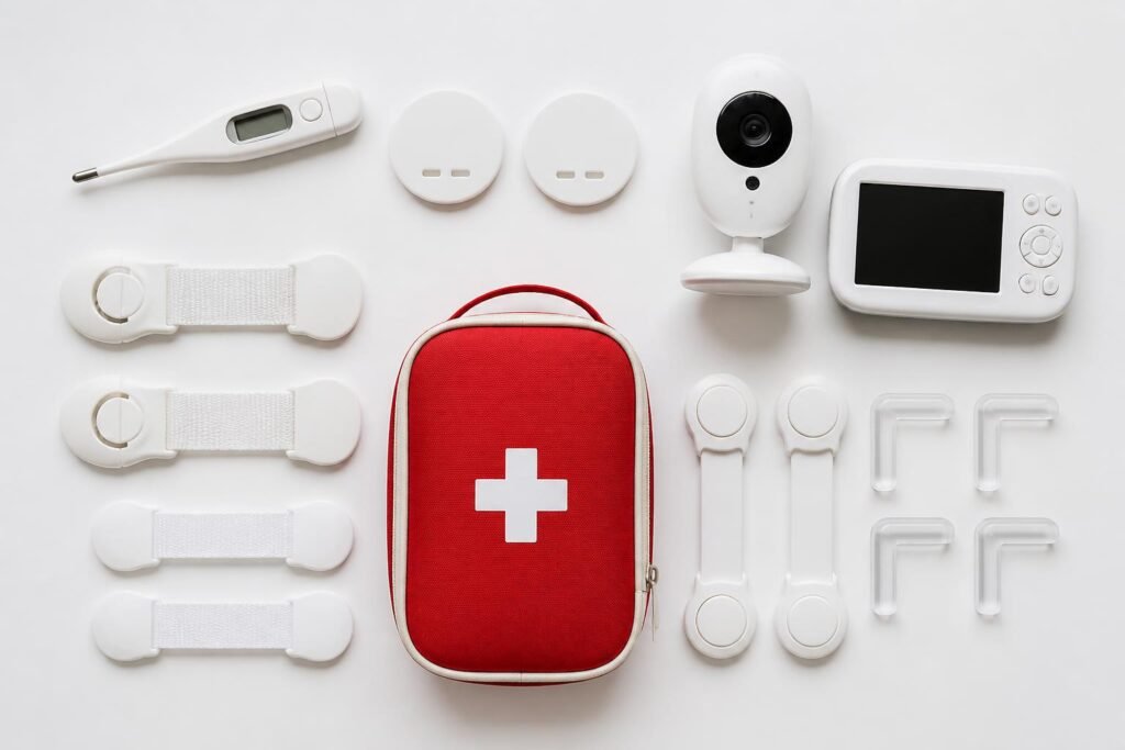 Flat lay of essential baby safety gear including thermometer, outlet covers and monitor