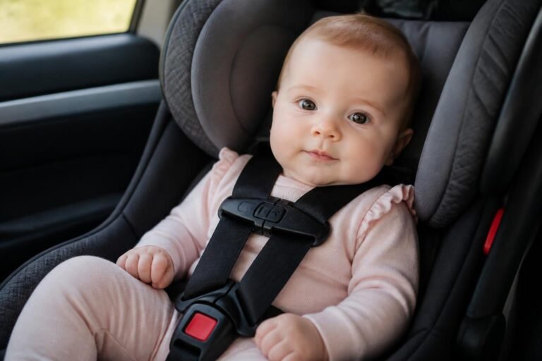 Baby in car seat with correctly tightened harness and chest clip at armpit level