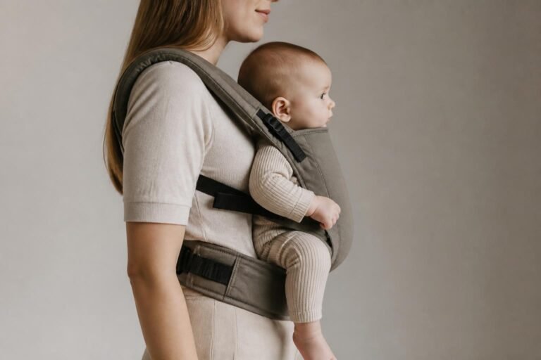 Side profile of baby in ergonomic carrier showing healthy hip M-position