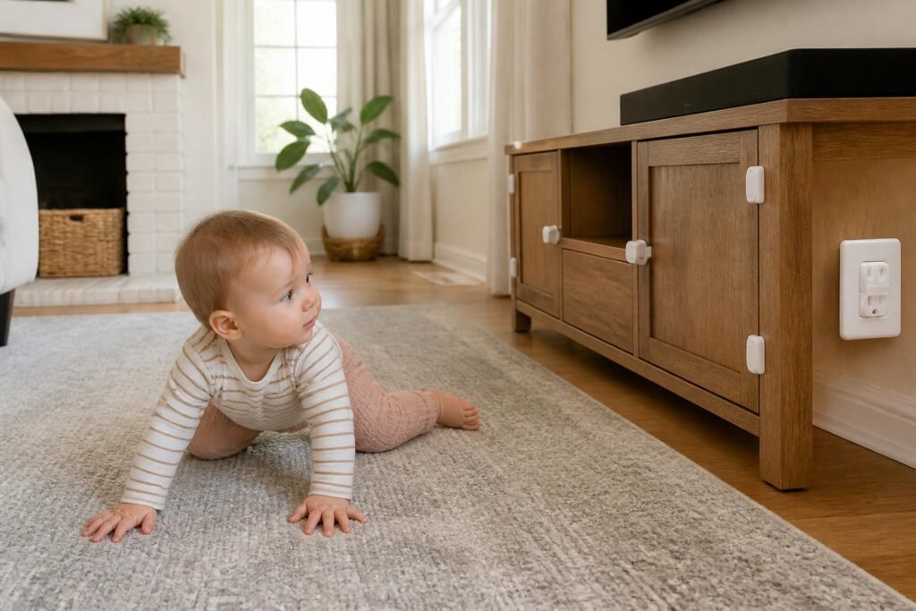 Baby-proofed living room with outlet covers and cabinet locks and a crawling baby