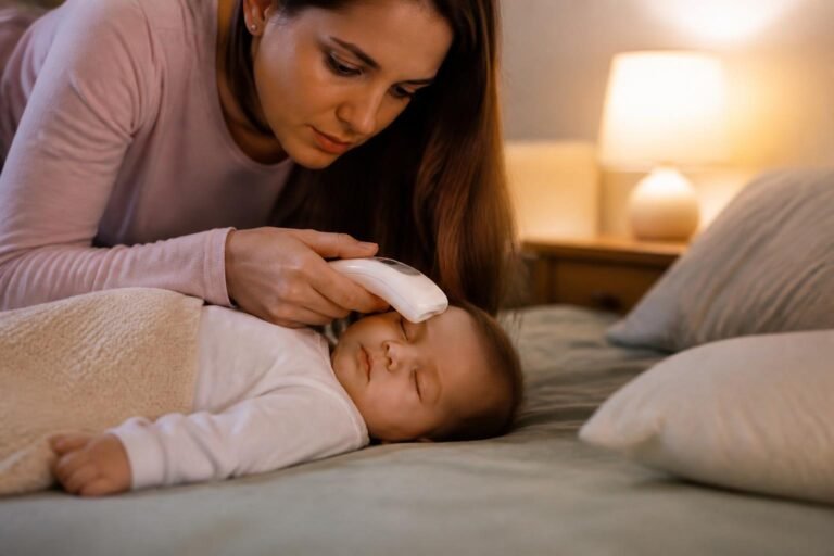 Mother checking sleeping baby's temperature with a forehead thermometer