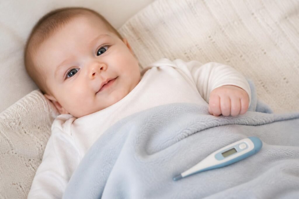 Digital baby thermometer beside a calm baby on a soft blanket