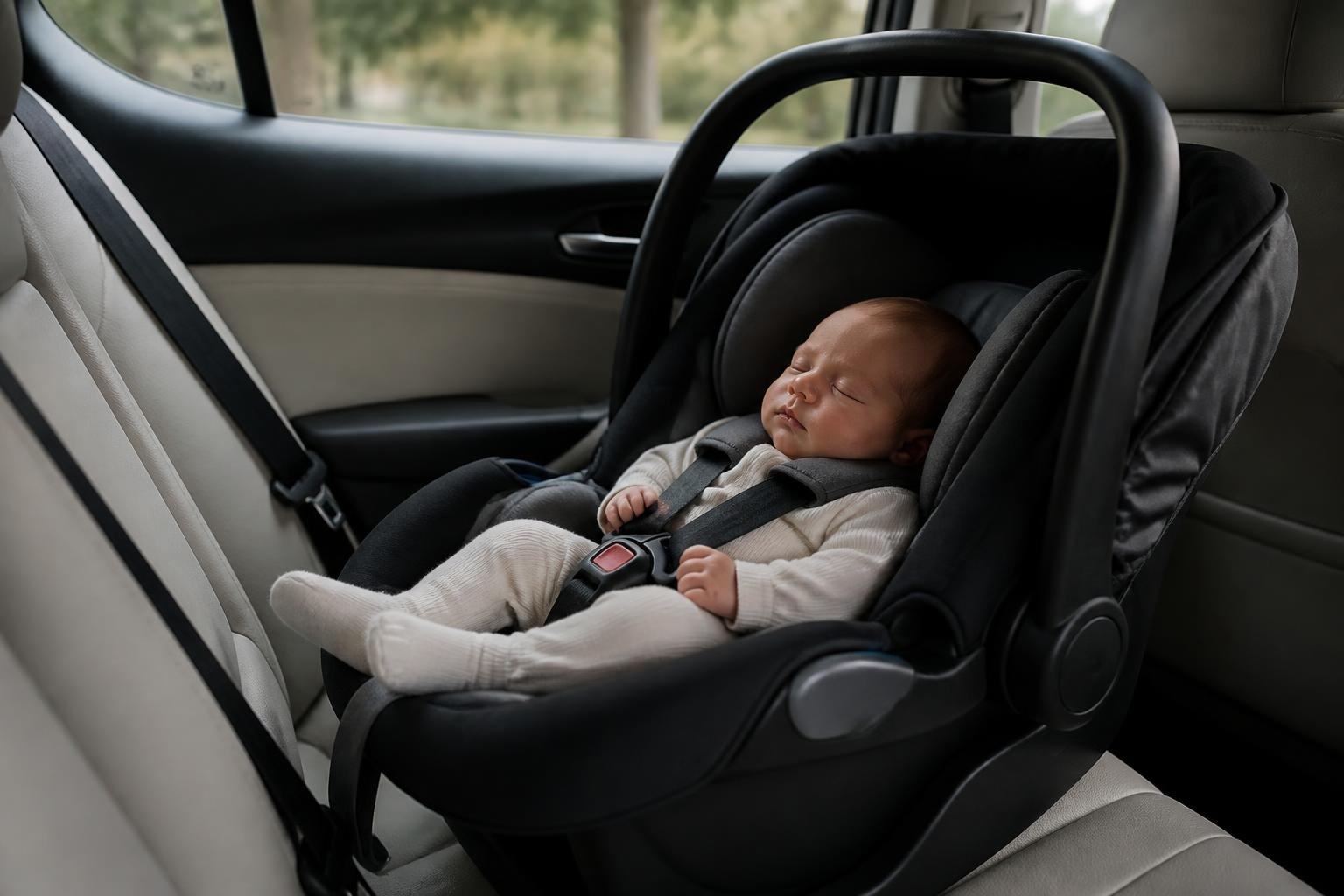 Newborn sleeping safely buckled in a rear-facing infant car seat