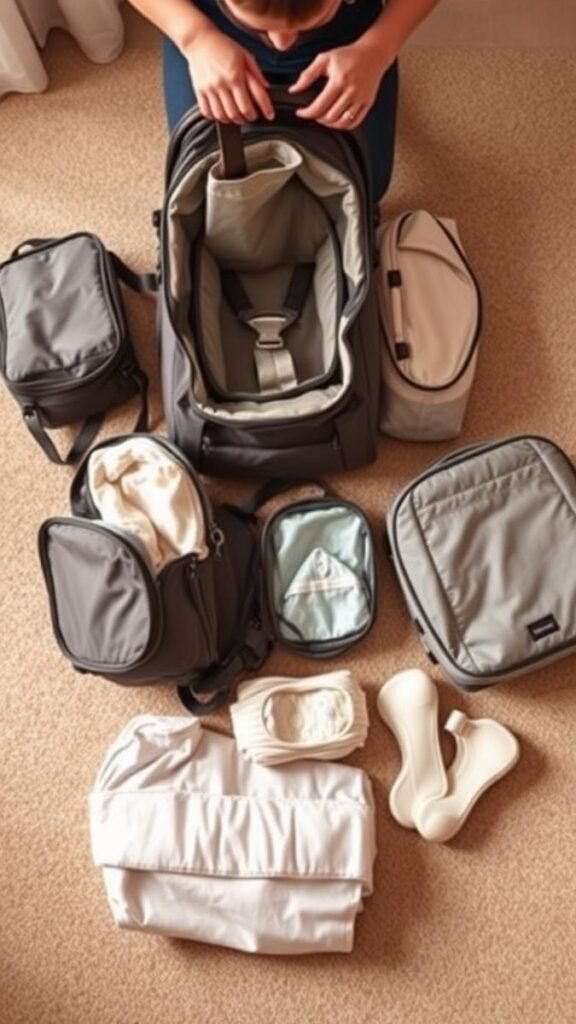 Baby travel gear laid out for packing before a trip