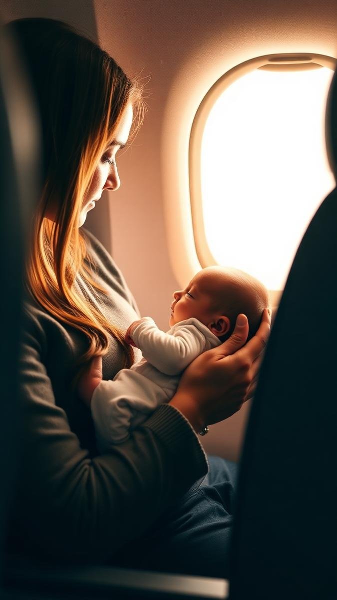 Parent soothing a newborn during a flight near an airplane window