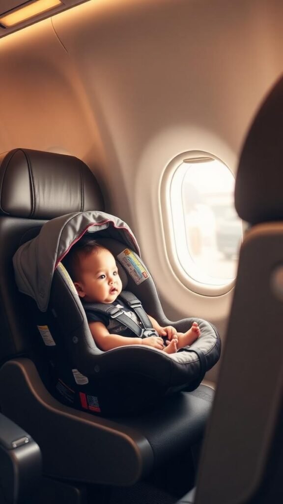 Infant car seat installed in an airplane window seat
