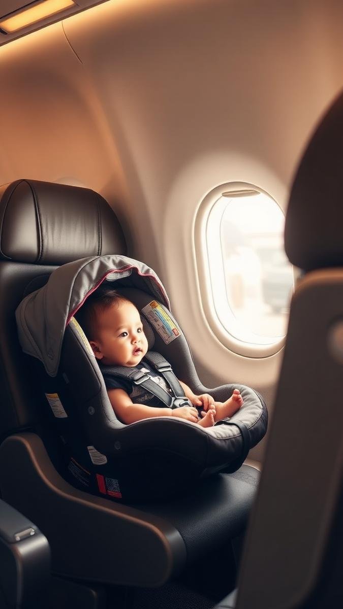 Infant car seat installed in an airplane window seat