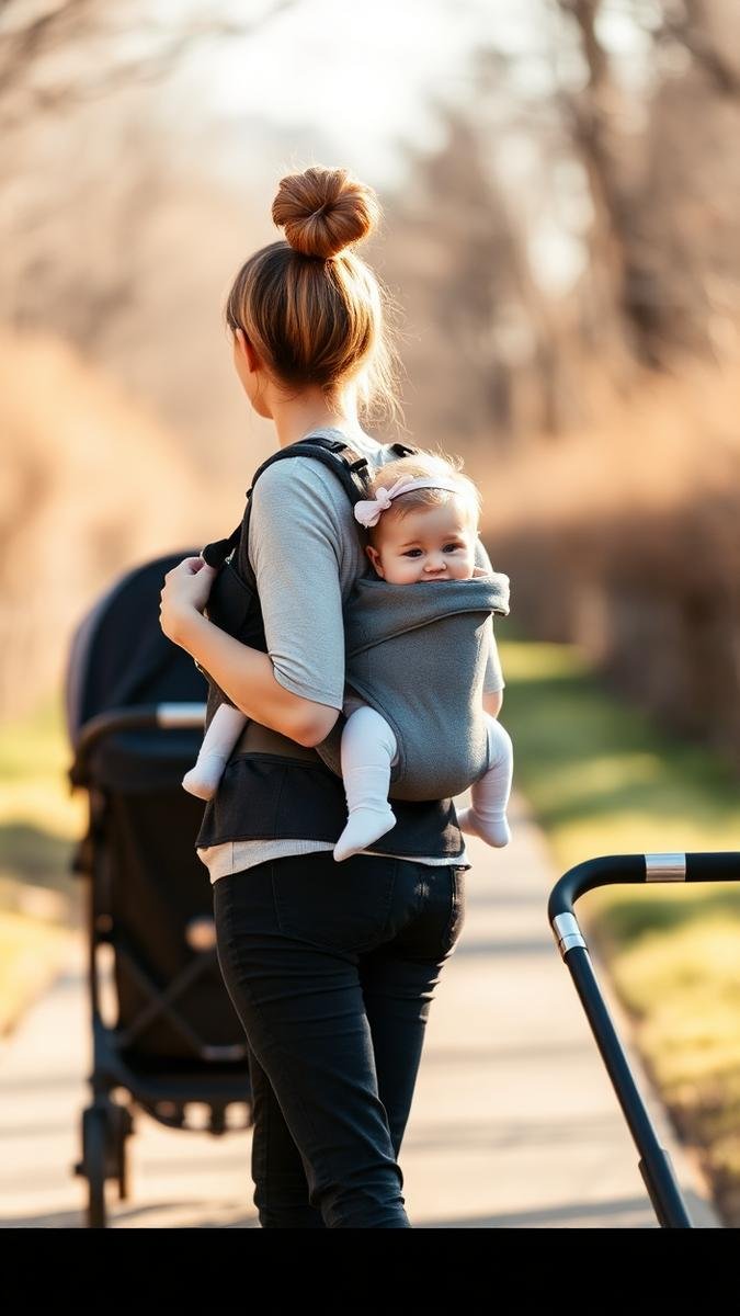Parent carrying baby in an ergonomic carrier beside a stroller