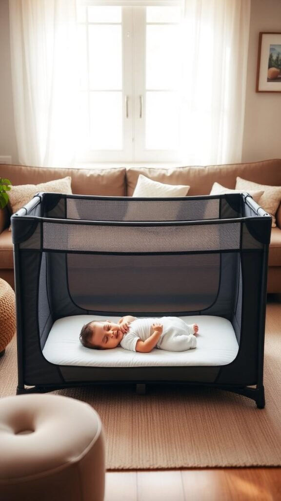 Portable travel crib with baby sleeping safely in a living room