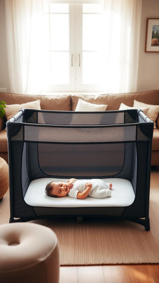 Portable travel crib with baby sleeping safely in a living room