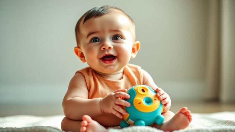6 to 9 month milestones: a baby sitting up and babbling while holding a toy
