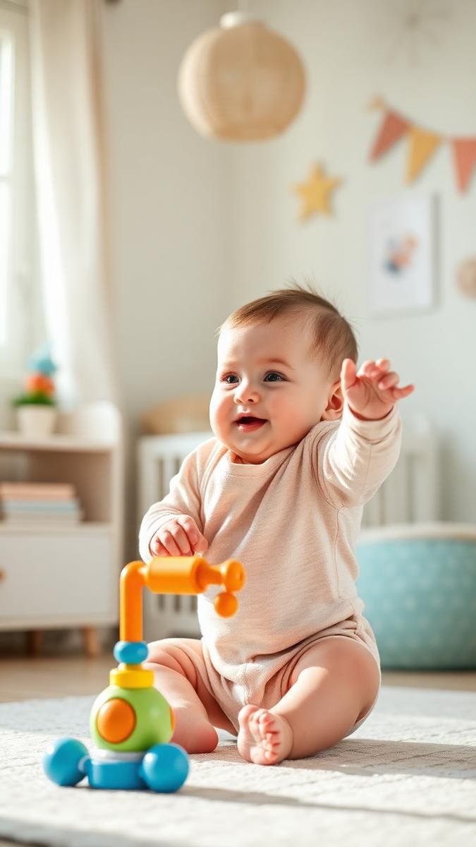 Six-month-old baby sitting up and reaching for a toy