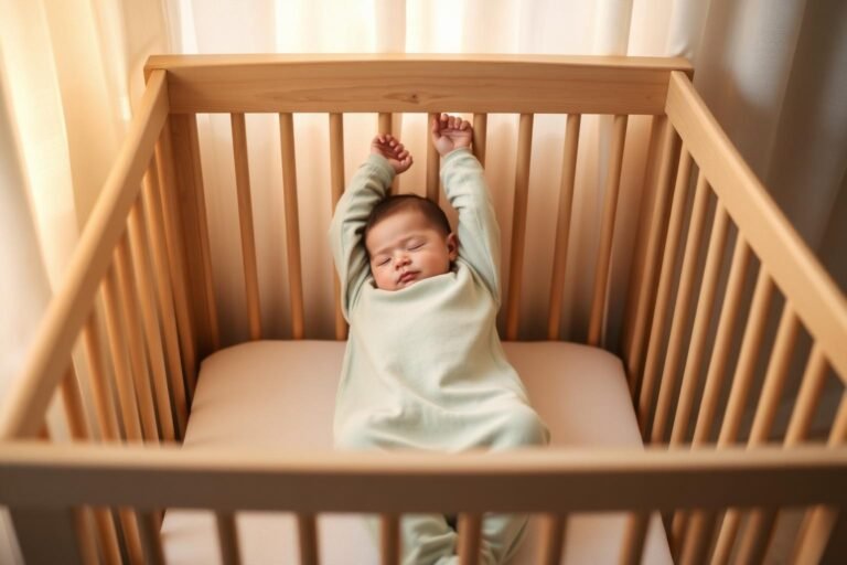 Peaceful 6-month-old sleeping safely on back in a bare wooden crib wearing a sage-green sleep sack — safe sleep during the 6-month sleep regression