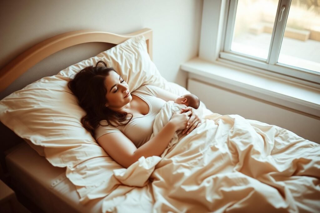 Mother resting with newborn after c-section