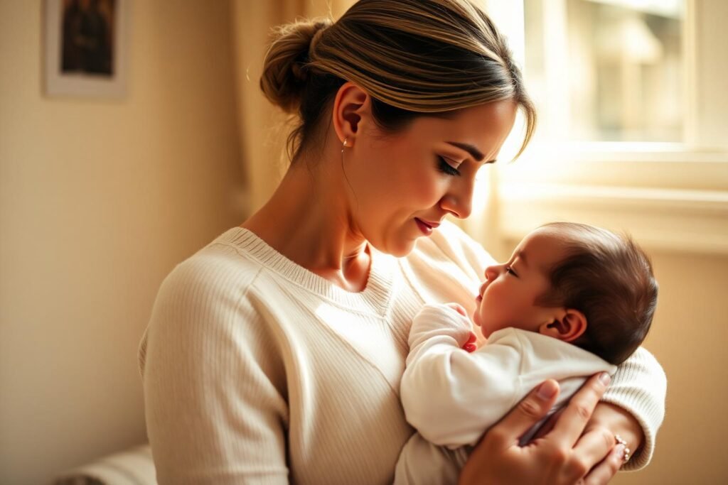 Mother breastfeeding newborn in warm light