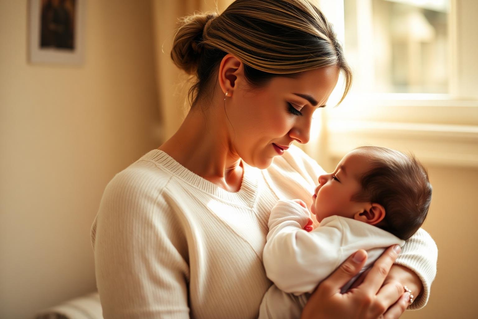 Mother breastfeeding newborn in warm light