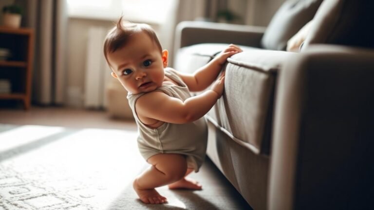 9 to 12 month milestones: a baby pulling up to stand while holding onto a couch