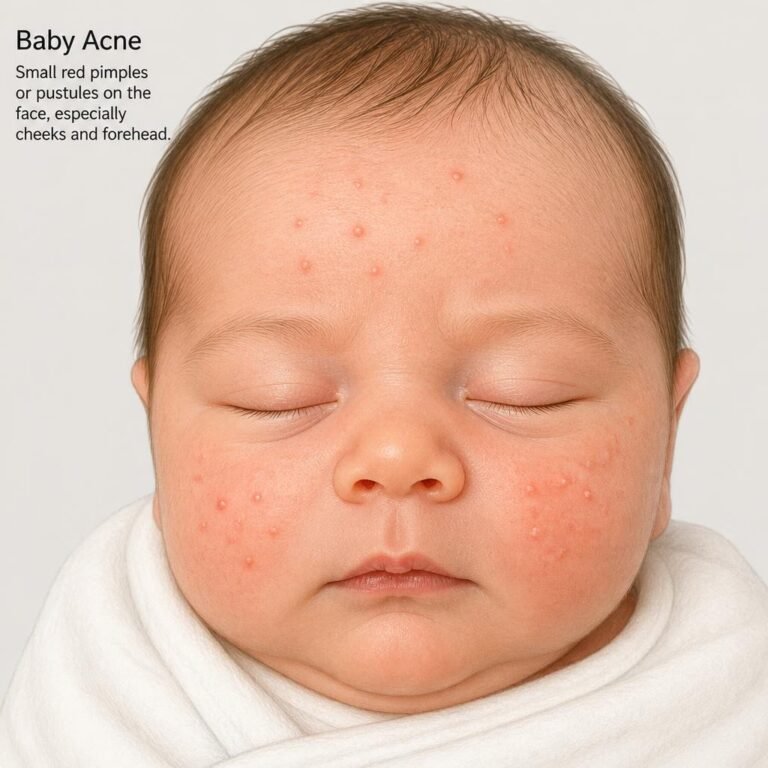 Close-up illustration of baby acne: small red inflamed pimples clustered on a newborn's cheeks and forehead, typical of neonatal acne appearing 2–6 weeks after birth.