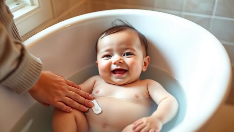 Baby bath safety: a happy baby in a small bathtub with a parent's hands gently supporting during bath time