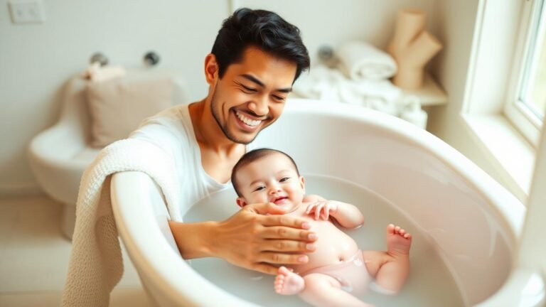 Smiling parent bathing a happy newborn in a baby bathtub during bath time